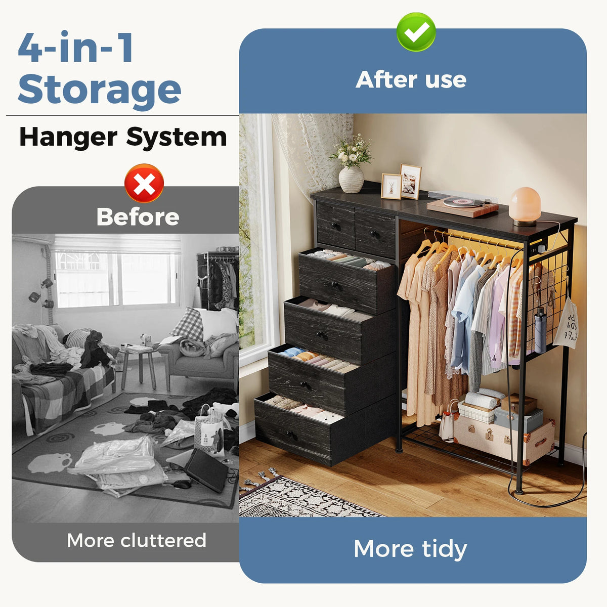 JHK Fabric Dresser With Six Drawers And Charging Station