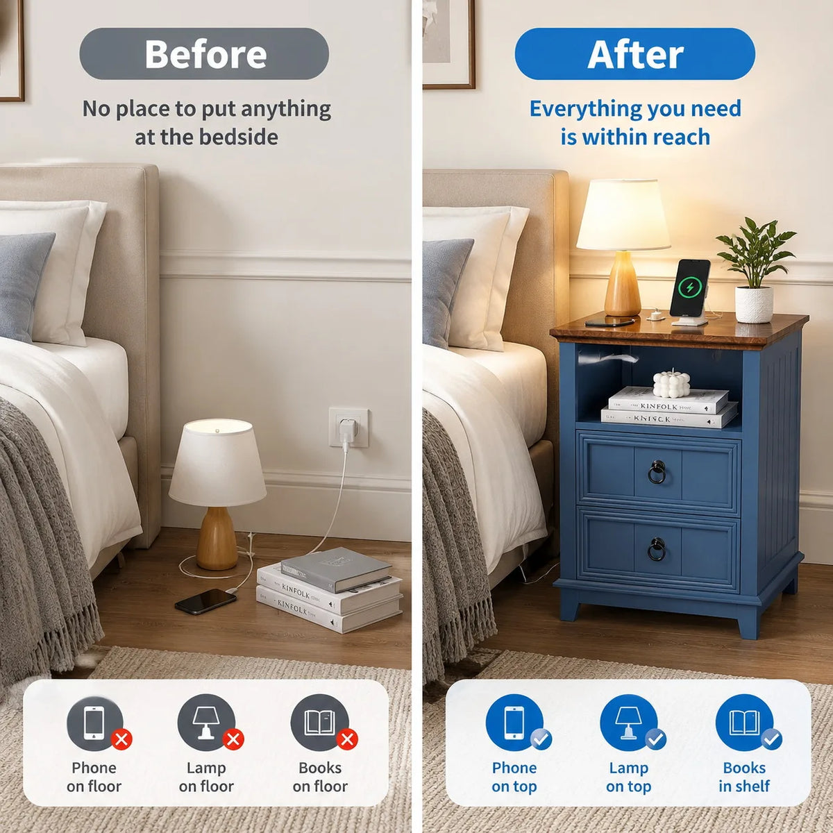 Modern Fluted Wood Nightstand With USB Charging Station And Drawers