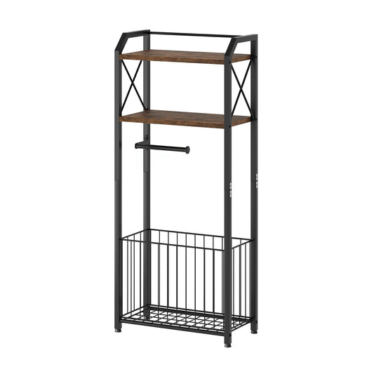 Four Tier Freestanding Bathroom Tissue Rack With Wooden Shelf Basket