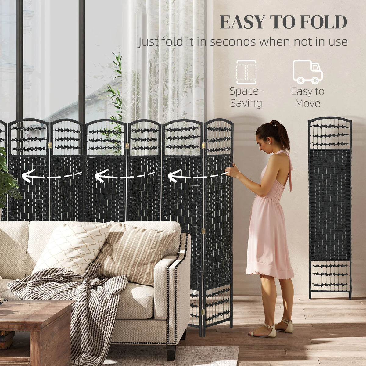 Freestanding Eight Panel Folding Wood Room Divider And Privacy Partition