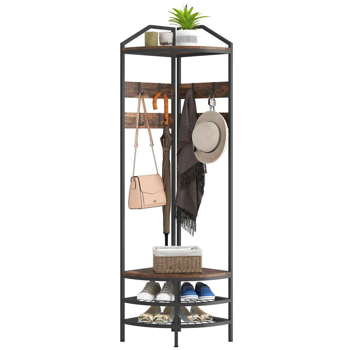 Industrial 4-Tier Corner Hall Tree With 8 Hooks Shoe Storage