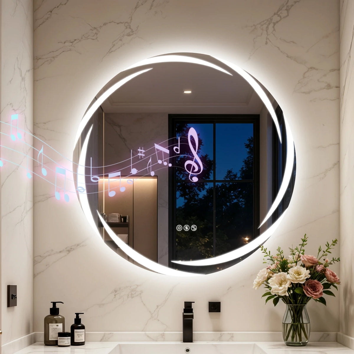 Round Bluetooth LED Bathroom Mirror Defog Speakers Dimming