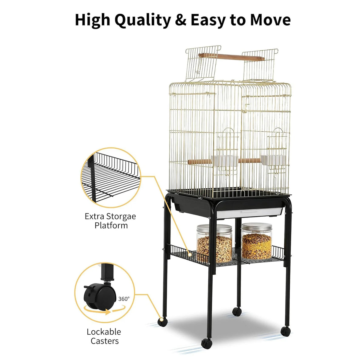 HiMISS Open Top Bird Cage With Rolling Stand And Shelf