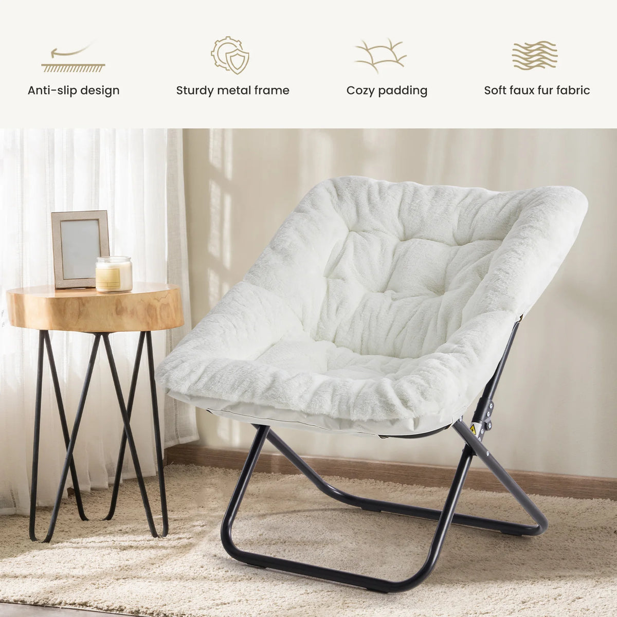 JHK Cozy Faux Fur Saucer Chair With Padded Metal Frame