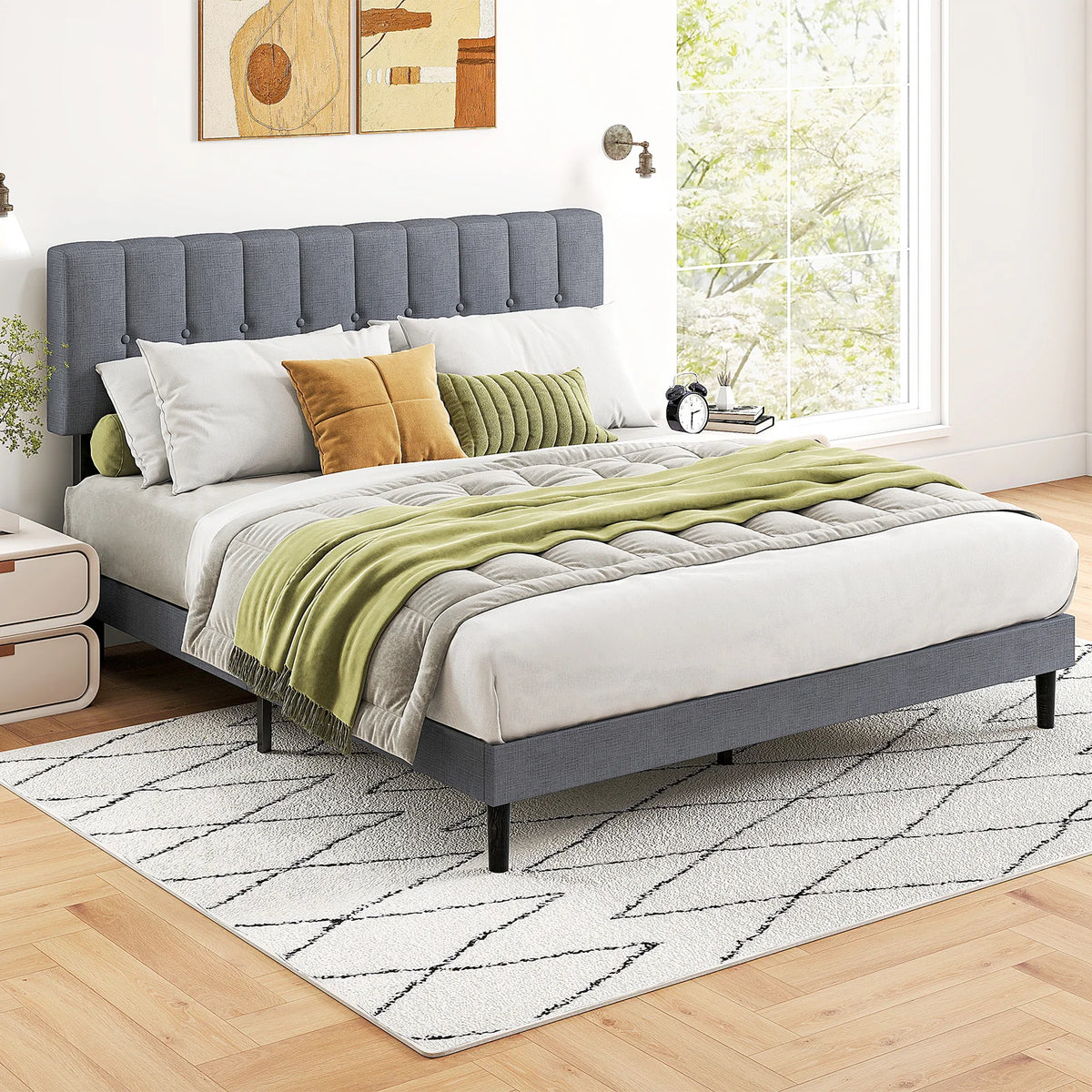 MCQ Upholstered Platform Bed Frame With Adjustable Headboard