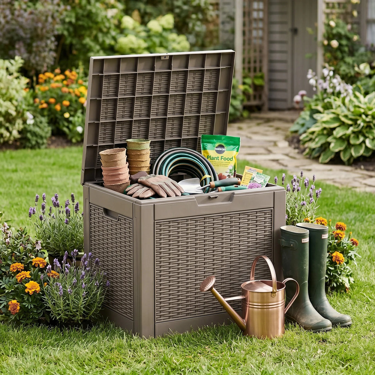 Textured Rattan Resin Outdoor Storage Deck Box Weatherproof Lockable Patio